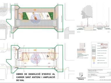 Plànol obres de demolició d’edifici al carrer Sant Antoni i ampliació de vial