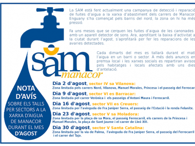 Durant el mes d’agost la SAM repararà la xarxa d’aigua i per això cada dimarts dematí es preveu tallar l’aigua en un barri Durant el mes d’agost la SAM repararà la xarxa d’aigua i per això cada dimarts dematí es preveu tallar l’aigua en un barri