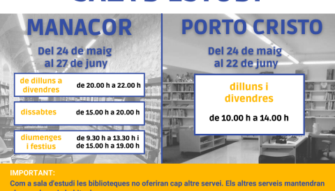 Ampliació horaris biblioteques de Manacor i Porto Cristo. 
